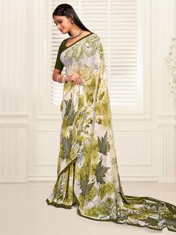 Akhilam - Women's Georgette Olive Printed Designer Saree with Unstitched Blouse