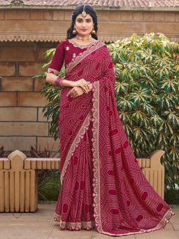 Sareemall - Women's Vichitra Silk Red Printed Designer Saree with Unstitched Blouse