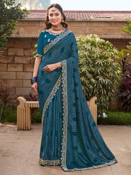 Sareemall - Women's Vichitra Silk Teal Printed Designer Saree with Unstitched Blouse