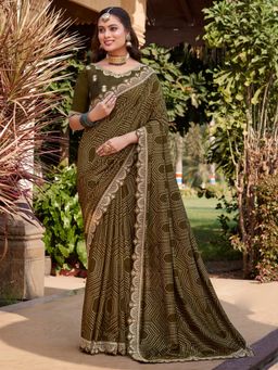 Sareemall - Women's Vichitra Silk Olive Printed Designer Saree with Unstitched Blouse