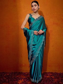 Akhilam - Women's Satin Silk Teal Green Embellished Designer Saree with Unstitched Blouse
