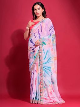 Akhilam - Women's Chiffon Multi-Color Printed Designer Saree with Unstitched Blouse