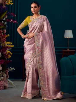 Akhilam - Women's Banarasi Silk Mauve Embroidered Designer Saree with Unstitched Blouse