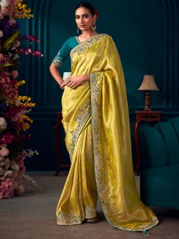 Akhilam - Women's Banarasi Silk Mustard Embroidered Designer Saree with Unstitched Blouse