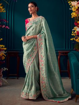 Akhilam - Women's Banarasi Silk Sea Green Embroidered Designer Saree with Unstitched Blouse
