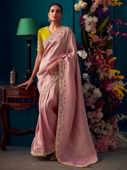 Akhilam - Women's Banarasi Silk Pink Embroidered Designer Saree with Unstitched Blouse