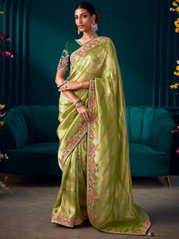 Akhilam - Women's Banarasi Silk Light Green Embroidered Designer Saree with Unstitched Blouse