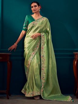 Akhilam - Women's Banarasi Silk Light Green Embroidered Designer Saree with Unstitched Blouse