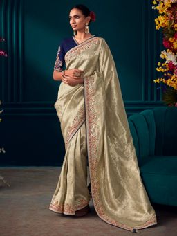 Akhilam - Women's Banarasi Silk Beige Embroidered Designer Saree with Unstitched Blouse