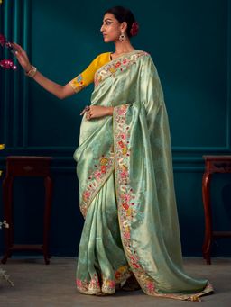 Akhilam - Women's Banarasi Silk Sea Green Embroidered Designer Saree with Unstitched Blouse