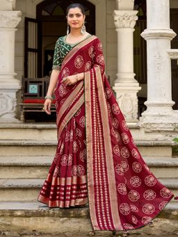Sareemall - Women's Pure Silk Maroon Printed Designer Saree with Unstitched Blouse