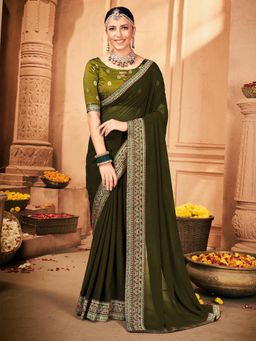 Akhilam - Women's Georgette Green Solid Designer Saree with Unstitched Blouse
