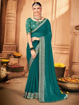 Akhilam - Women's Georgette Turquoise Solid Designer Saree with Unstitched Blouse