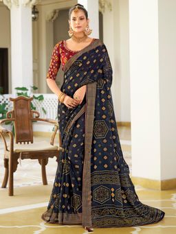 Sareemall - Women's Chiffon Navy Blue Embellished Designer Saree with Unstitched Blouse