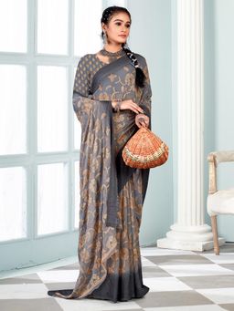 Akhilam - Women's Georgette Grey Printed Designer Saree with Unstitched Blouse