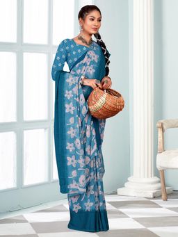 Akhilam - Women's Blue Georgette Printed Designer Saree with Unstitched Blouse