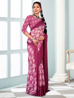 Akhilam - Women's Georgette Pink Printed Designer Saree with Unstitched Blouse