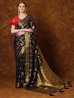 Akhilam - Women's Georgette Navy Blue Woven Designer Saree with Unstitched Blouse
