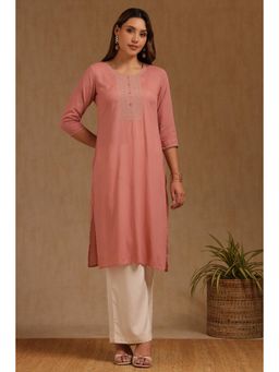 Soch - Womens Peach Rayon Embroidered Thread Work Kurta