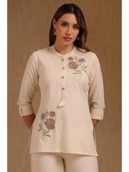 Soch - Womens Beige Cotton Flex Embroidered Kurti