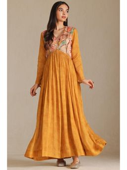 Soch - Womens Mustard Chinon Printed Sequins Dress