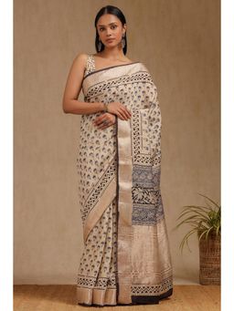 Soch - Womens Beige Viscose Floral Print Saree and Unstitched Blouse