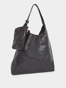 Styli - Women Black Textured Handbag with Pouch (Set of 2)