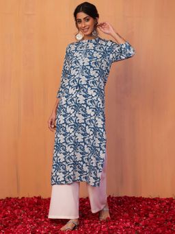 Indya - Light Blue Floral Jaal Print Embroidered Straight Kurta