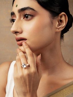 Curio Cottage - Meira White Enamel Stone Kundan Tear Drop Ring