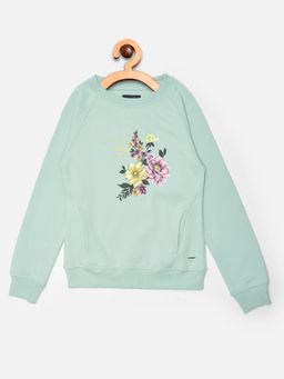 CRIMSOUNE CLUB - Girls Green Printed Round Neck Sweatshirt