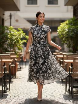 Souchii - Floral Print Tie-Up Neck Chiffon Fit and Flare Midi Dress Souchii