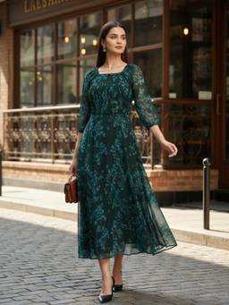 Souchii - Deep Emerald Green Floral Smocked Chiffon Midi Dress