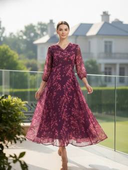 Souchii - Deep Wine Burgundy Floral Chiffon Midi Dress for Women