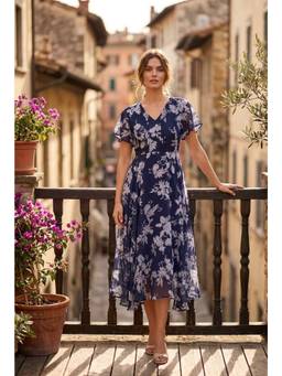 Souchii - Women's Navy Blue Floral Chiffon Midi Dress - Elegant Fit And Flare Dress