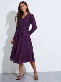 Styli - Women Purple Floral V-Neck Long Sleeves Fit And Flare Midi Dress
