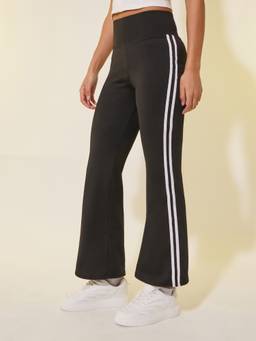 Styli - Women Black Solid Side-Stripe High-Rise Flared Leggings