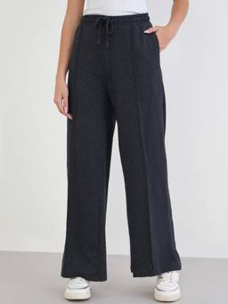 Styli - Women Charcoal Cotton Wide-Leg Full Length Pant With Cf Pintuck Detail