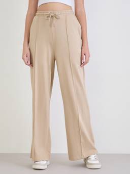 Styli - Women Beige Cotton Wide-Leg Full Length Pant With Cf Pintuck Detail