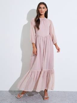 Styli - Women Pink Solid Round Neck Long Sleeves Fit And Flare Maxi Dress