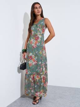 Styli - Women Green Floral Print V-Neck Sleeveless A-Line Maxi Dress