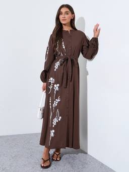 Styli - Women Brown Floral Embroidered A-Line Maxi Dress With Tie-Up Waist