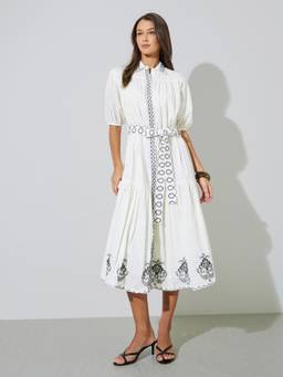 Styli - Women Off White Cotton Embroidered Puff Sleeves Shirt Midi Dress With Tie Up