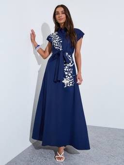 Styli - Women Navy Blue Floral Embroidered Shirt-Collar Cap Sleeves A-Line Maxi Dress