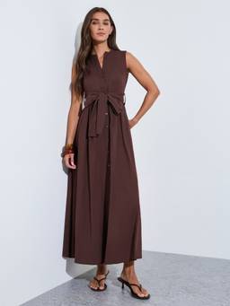 Styli - Women Brown Solid Sleeveless Fit And Flare Maxi Cotton Dress