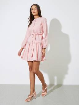 Styli - Women Pink Cotton Floral Embroidered Shirt Mini Dress With Tie Up