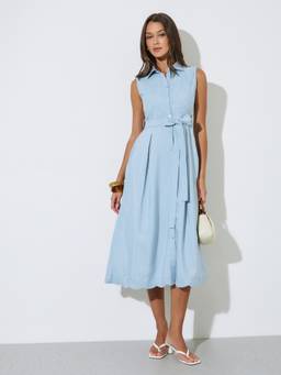 Styli - Women Light Blue Embroidered Sleeveless A-Line Shirt Midi Dress With Tie Up