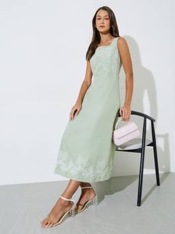 Styli - Women Green Floral Embroidered Square Neck Sleeveless A-Line Midi Dress