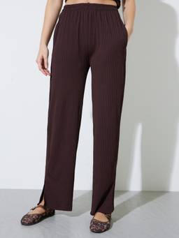 Styli - Women Brown Textured Knit Straight Leg Side Slit Pant