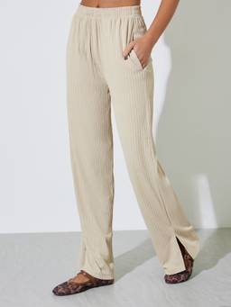 Styli - Women Cream Textured Knit Straight Leg Side Slit Pant