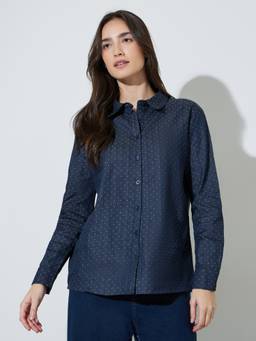 Styli - Women Blue Micro Print Long Sleeves Oversized Shirt